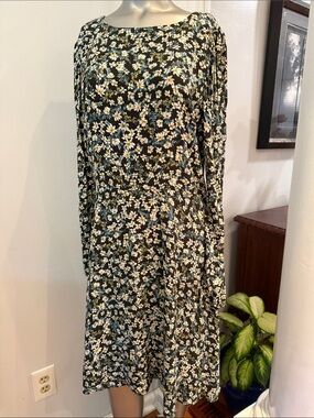 LOFT Black Floral Long-Sleeve A-Line Dress